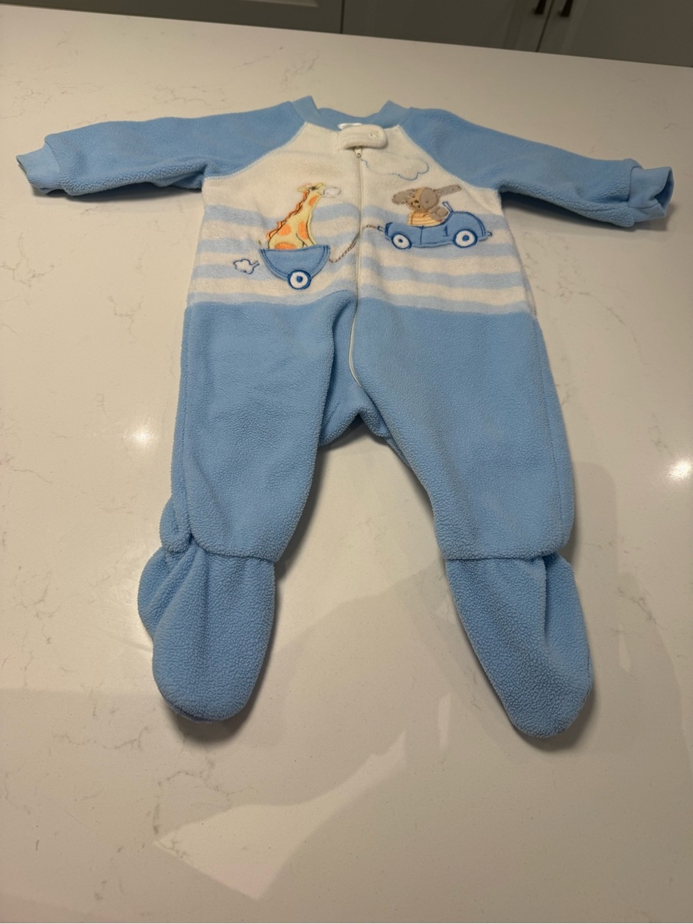 Vintage Blue Baby Fleece One-Piece Footed Pajamas with Animal Appliqués